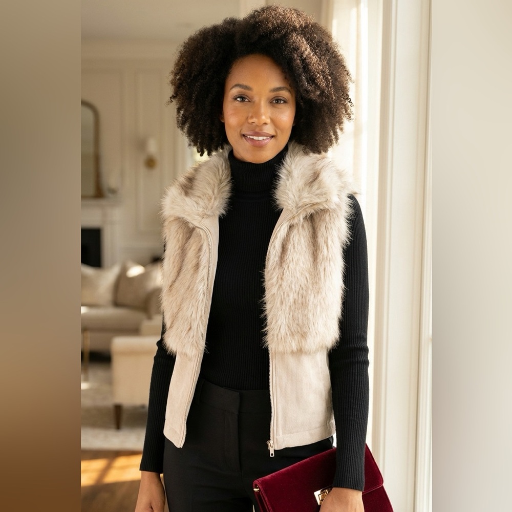 Khaki Faux Fur Zip Vest Jacket | Sleeveless Cropped | Fall/Winter